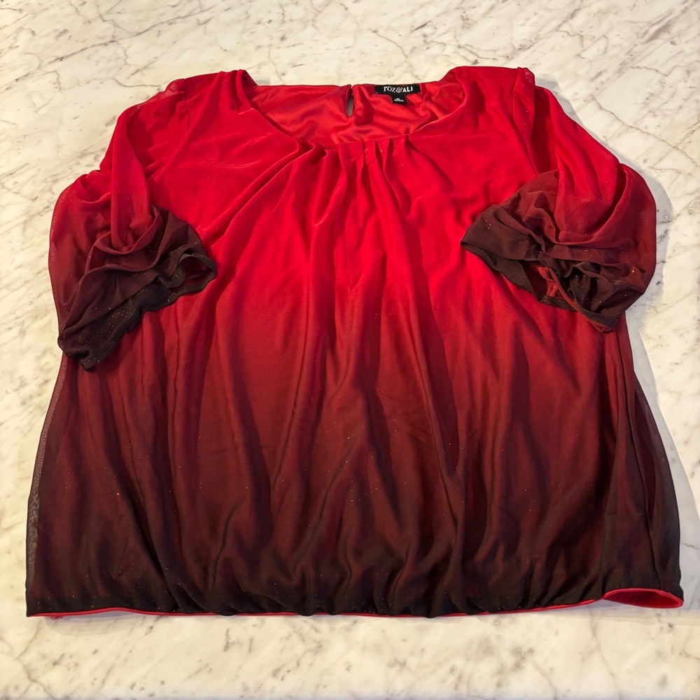 Roz & Ali Womens XL Red Black Ombre Glitter Mesh Blouse Tiered Flutter Sleeve